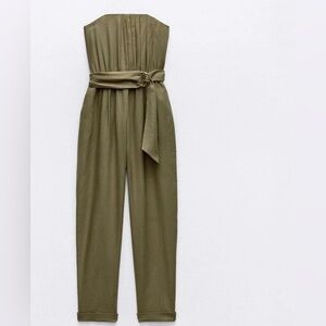 ZARA Strapless Olive Green Belted Jumpsuit